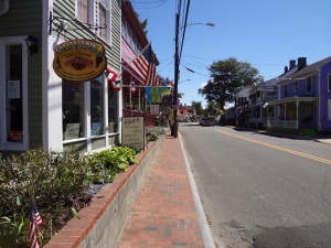 Looking down Main Street in St. Michael's, Maryland.  I saw the sign for the shop that said Free chocolate, coffee, olive oil, & vinegar tastings and thought "Geez, I hope they do that in reverse order".