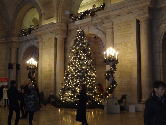 The Christmas tree at the front of the New York Public Library.  The NYPL is a good place to go any time of year.  In addition to their amazing collection, it's one of the few free places in the city that is warm in the winter and cool in the summer.